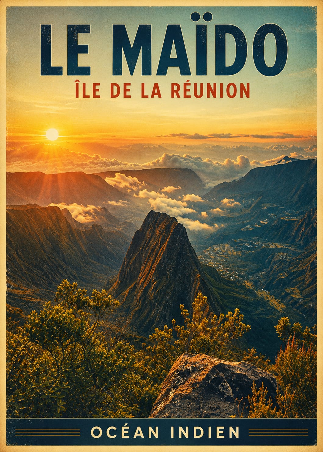 Affiche vintage Le Maïdo coucher de soleil sur le cirque de Mafate – Île de la Réunion, Océan Indien
