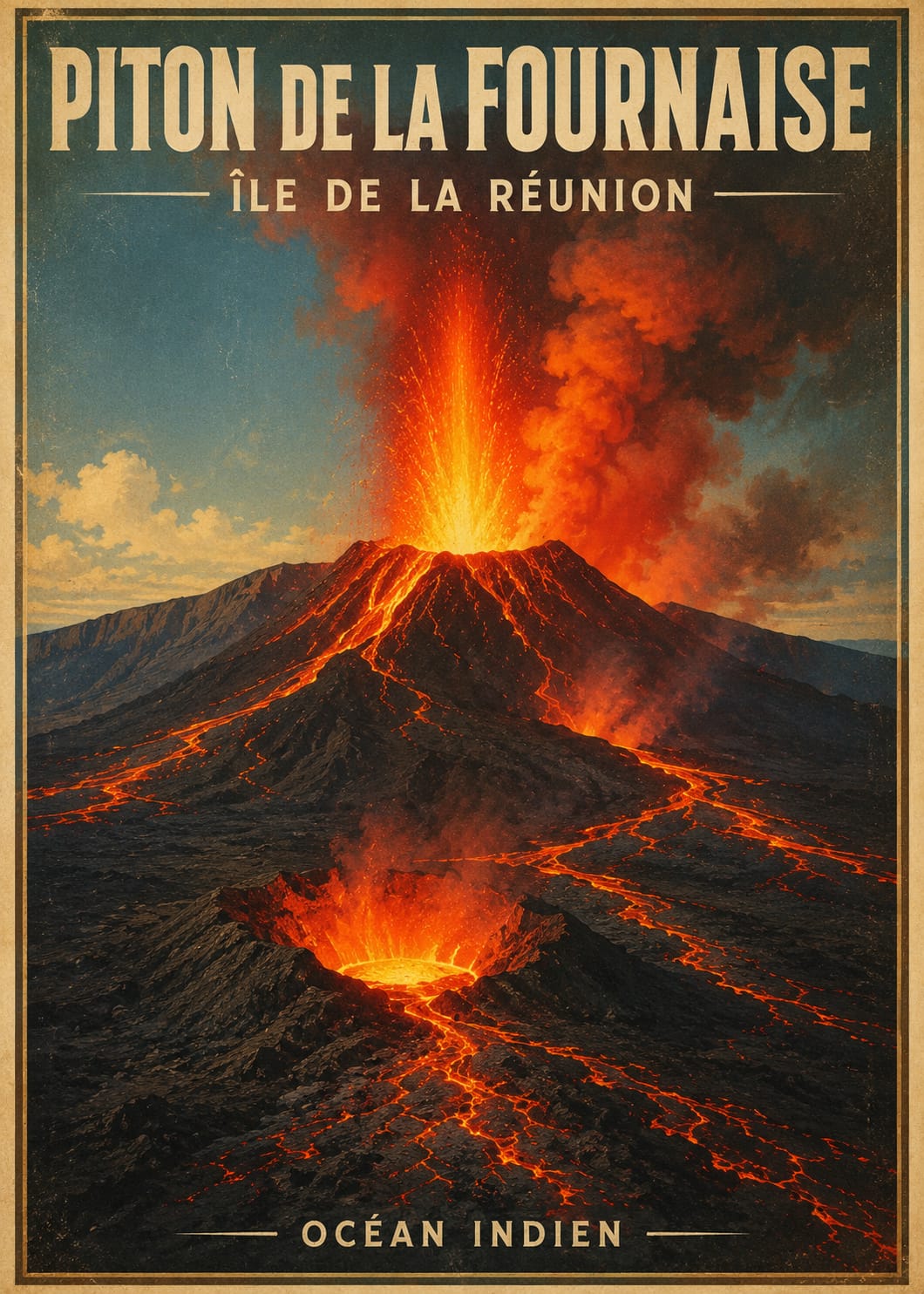 Affiche vintage Piton de la Fournaise en éruption avec coulées de lave – Île de la Réunion, Océan Indien
