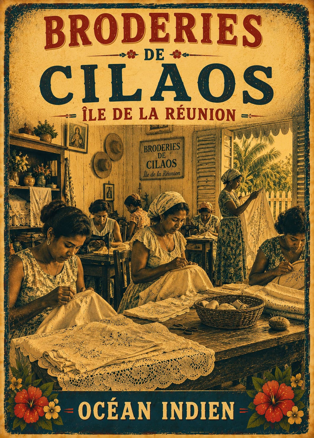 Affiche vintage broderies de Cilaos, atelier de dentelle – Île de la Réunion, Océan Indien