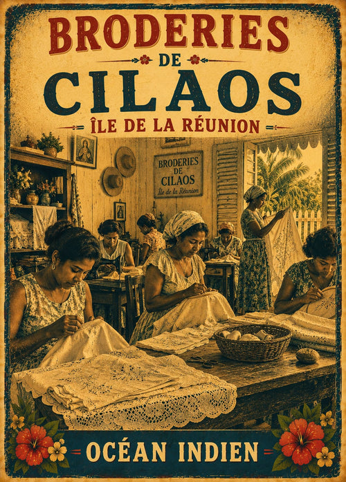 Affiche vintage broderies de Cilaos, atelier de dentelle – Île de la Réunion, Océan Indien