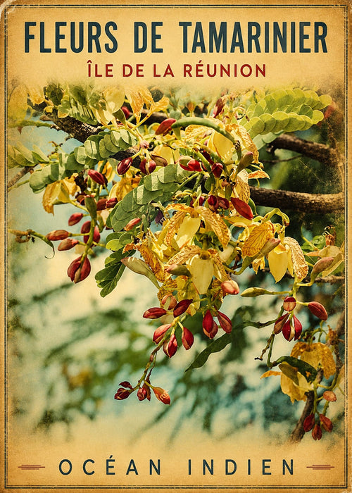 Affiche vintage fleurs de tamarinier, grappes jaunes et bourgeons rouge-brun – Île de la Réunion, Océan Indien