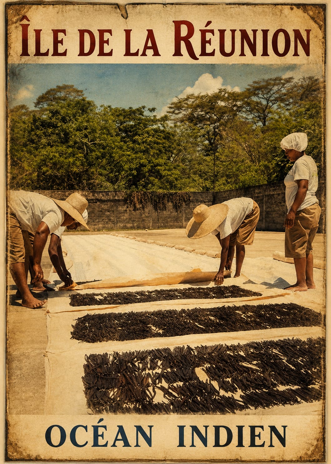 Affiche vintage séchage gousses de vanille Bourbon au soleil – Île de la Réunion, Océan Indien