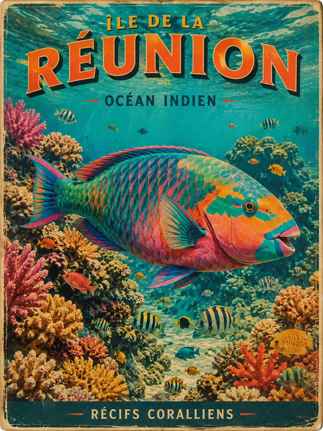 Affiche vintage récifs coralliens poisson-perroquet multicolore – Île de la Réunion, Océan Indien