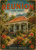 Affiche vintage intérieur case créole avec bouquet tropical et fruits – Île de la Réunion, Océan Indien
