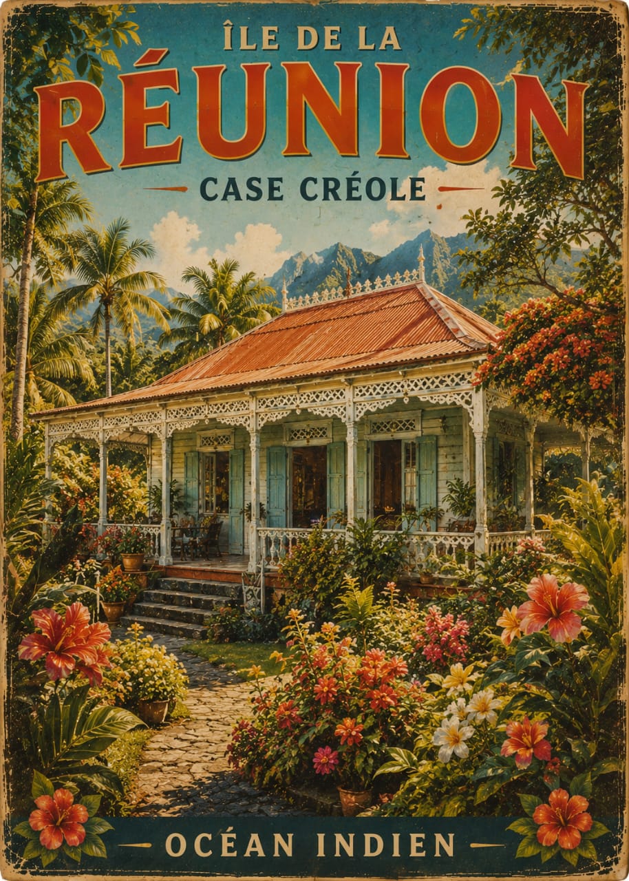 Affiche vintage intérieur case créole avec bouquet tropical et fruits – Île de la Réunion, Océan Indien