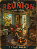 Affiche vintage case créole blanche véranda ouvragée et jardin d'hibiscus – Île de la Réunion, Océan Indien