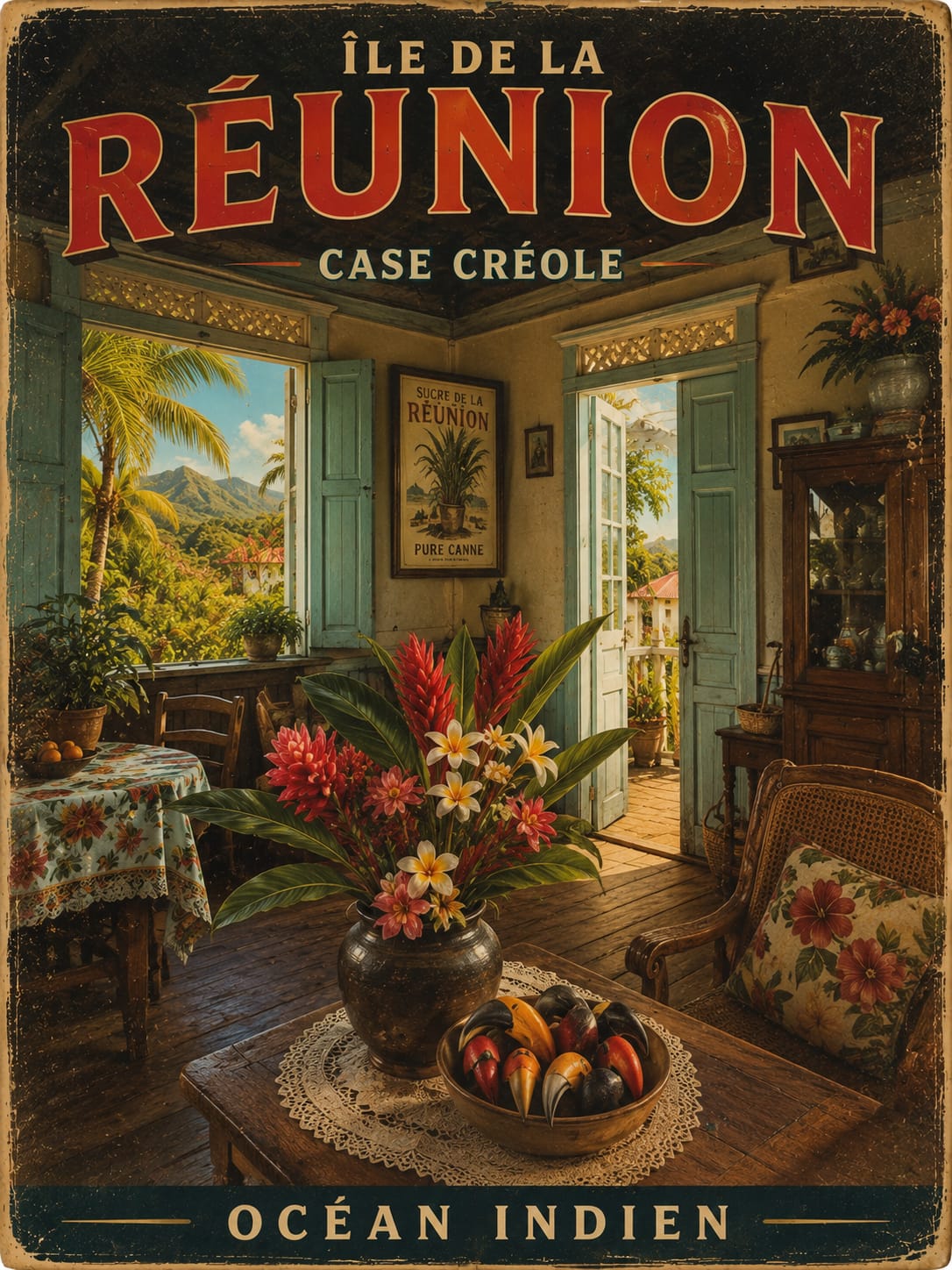 Affiche vintage case créole blanche véranda ouvragée et jardin d'hibiscus – Île de la Réunion, Océan Indien
