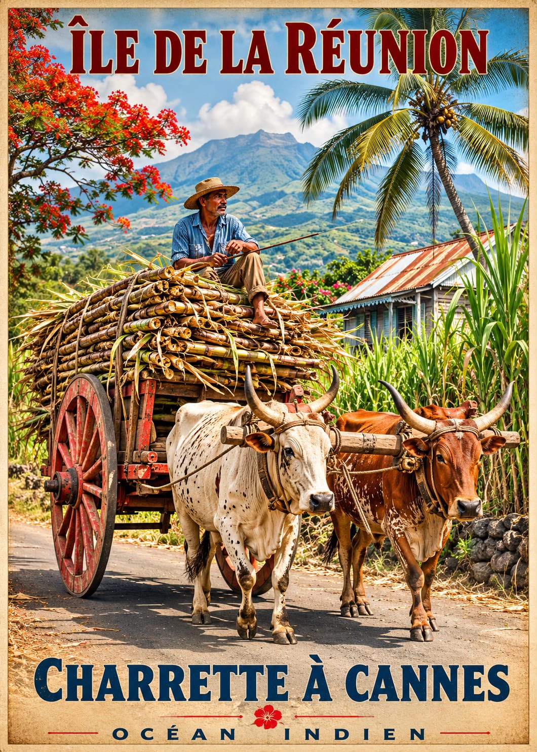 Affiche vintage charrette à cannes à sucre tirée par des bœufs – Île de la Réunion, Océan Indien