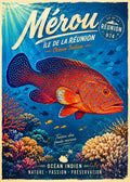 Affiche vintage mérou rouge-orangé points bleus turquoise sur récif corallien – Île de la Réunion 974, Océan Indien