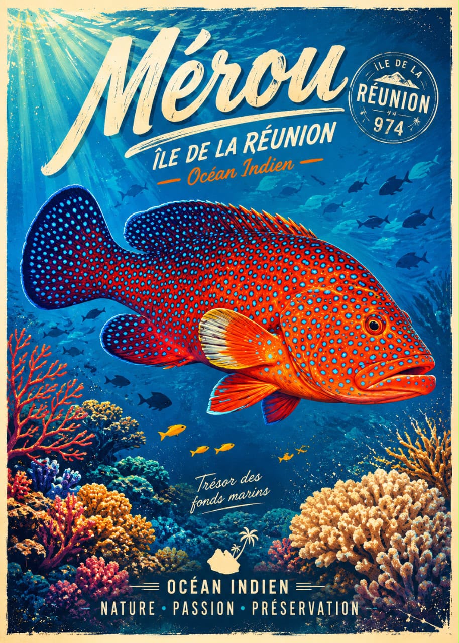 Affiche vintage mérou rouge-orangé points bleus turquoise sur récif corallien – Île de la Réunion 974, Océan Indien