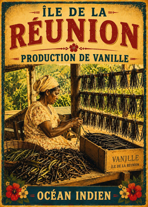 Affiche vintage production de vanille, femme triant les gousses devant séchoir – Île de la Réunion, Océan Indien