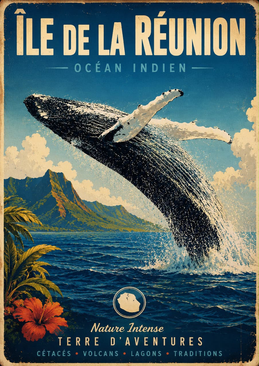 Affiche vintage baleine à bosse sautant hors de l'eau devant les montagnes – Île de la Réunion, Océan Indien