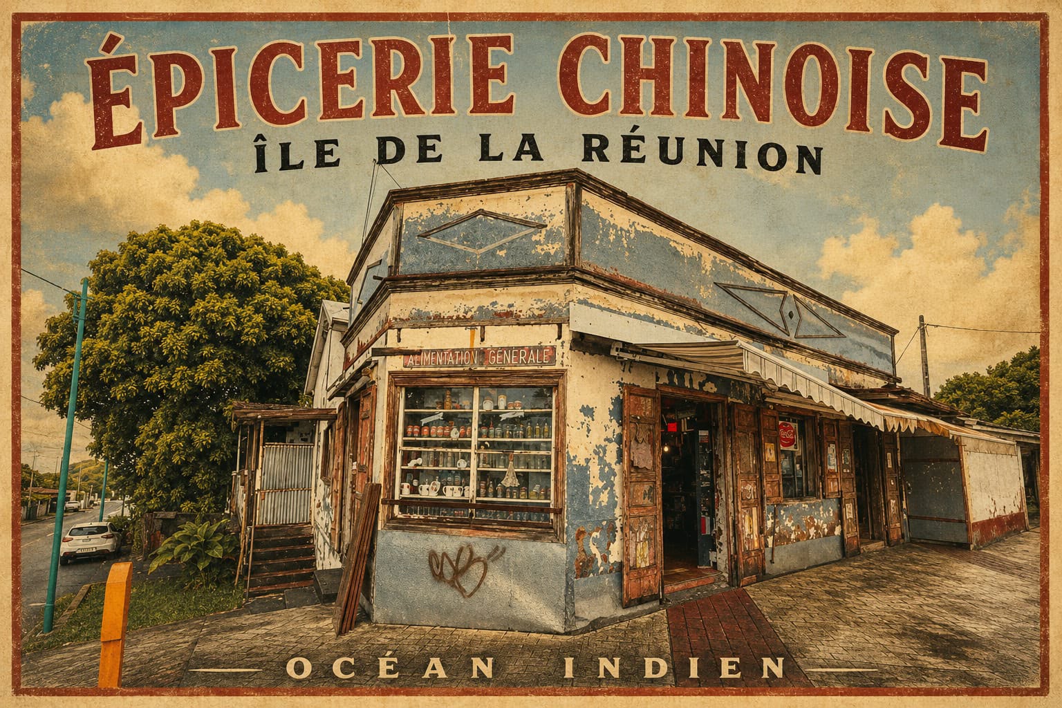 Affiche vintage épicerie chinoise alimentation générale façade écaillée – Île de la Réunion, Océan Indien