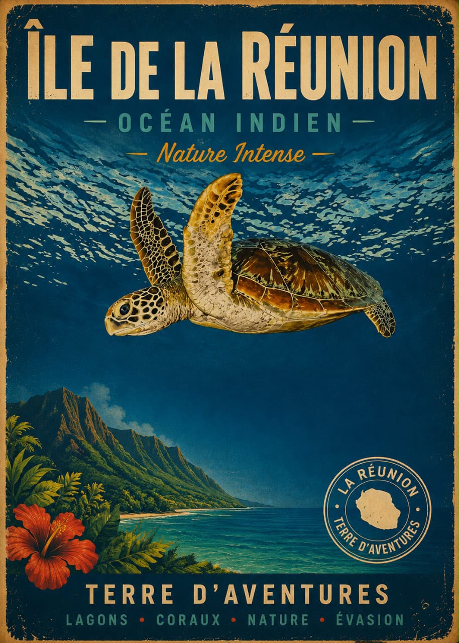 Affiche vintage tortue verte nageant sous la surface de l'Océan Indien – Île de la Réunion, Terre d'Aventures