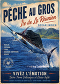 Affiche vintage pêche au gros marlin bleu sautant hors de l'eau – Île de la Réunion, Océan Indien