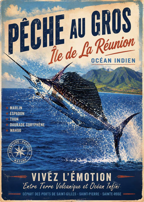 Affiche vintage pêche au gros marlin bleu sautant hors de l'eau – Île de la Réunion, Océan Indien