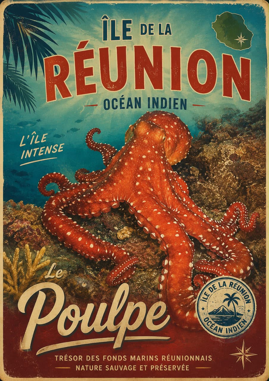 Affiche vintage le poulpe rouge-orangé sur récif corallien – Île de la Réunion, Océan Indien