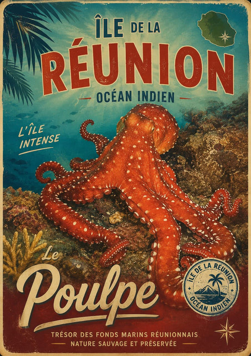 Affiche vintage le poulpe rouge-orangé sur récif corallien – Île de la Réunion, Océan Indien