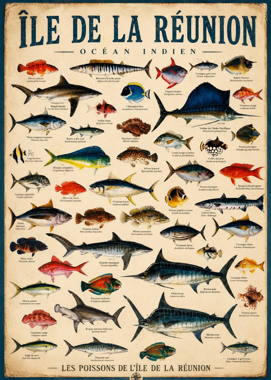 Affiche vintage planche naturaliste des poissons de l'Île de la Réunion, Océan Indien, 40+ espèces légendées