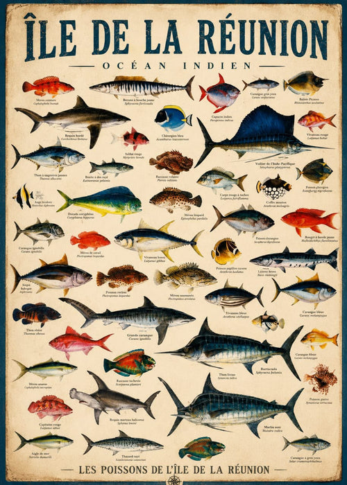 Affiche vintage planche naturaliste des poissons de l'Île de la Réunion, Océan Indien, 40+ espèces légendées