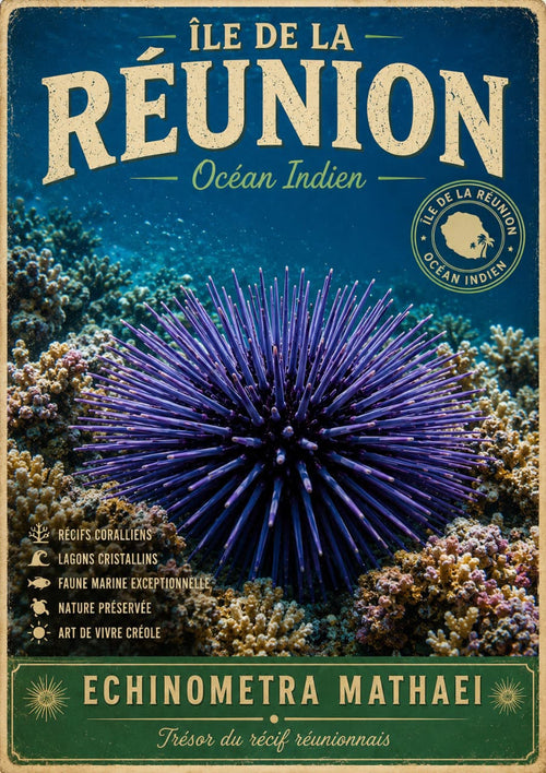 Affiche vintage oursin violet Echinometra mathaei sur récif corallien – Île de la Réunion, Océan Indien