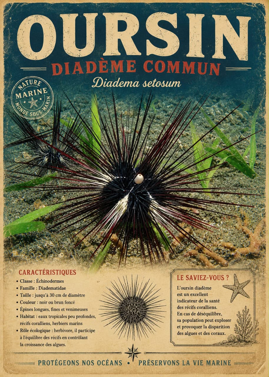 Affiche vintage oursin diadème commun Diadema setosum sur fond sableux herbier marin – Île de la Réunion