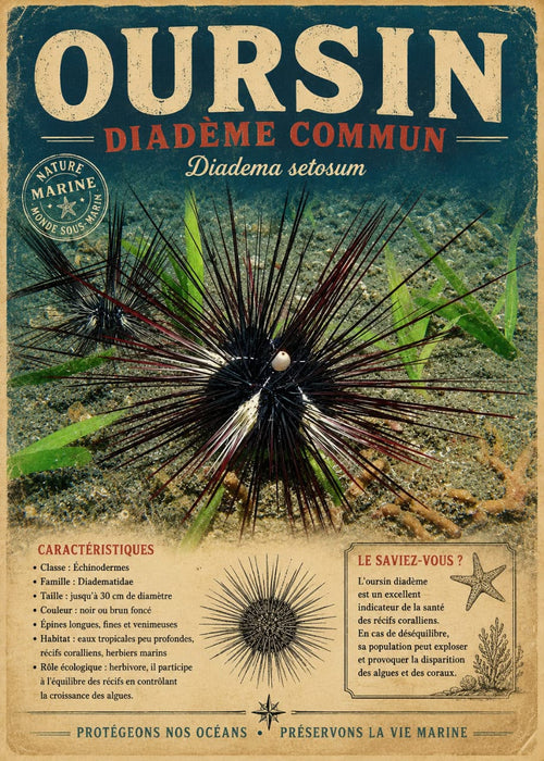 Affiche vintage oursin diadème commun Diadema setosum sur fond sableux herbier marin – Île de la Réunion