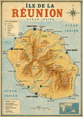 Affiche vintage carte topographique détaillée Île de la Réunion avec cirques, sommets et plaines – Océan Indien
