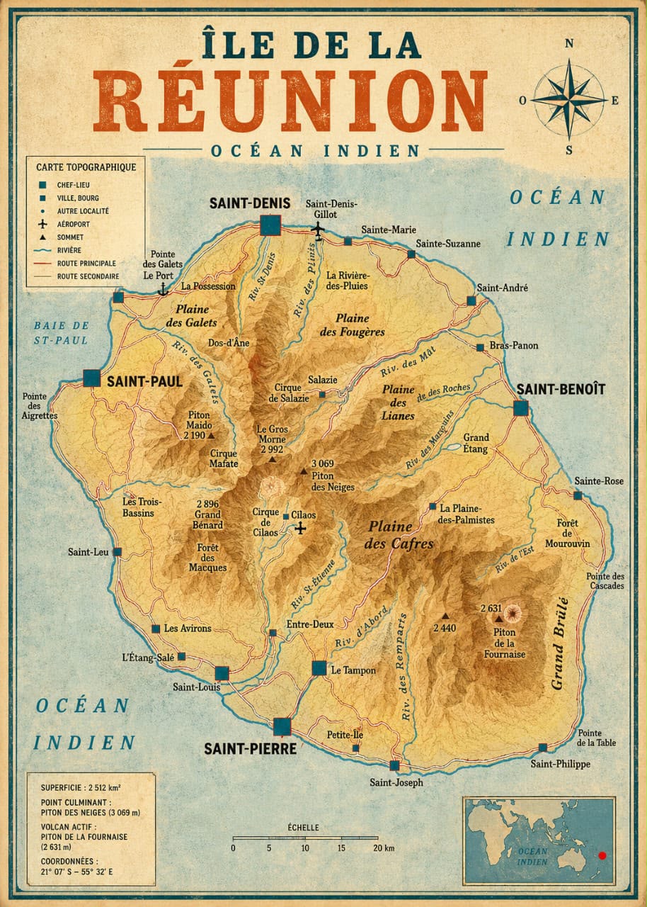 Affiche vintage carte topographique détaillée Île de la Réunion avec cirques, sommets et plaines – Océan Indien