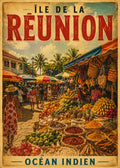 Affiche vintage marché créole animé fruits tropicaux et épices – Île de la Réunion, Océan Indien