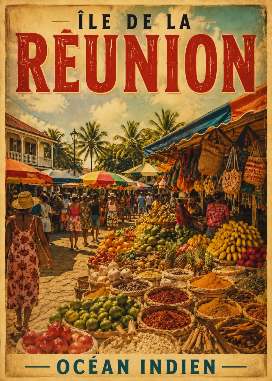 Affiche vintage marché créole animé fruits tropicaux et épices – Île de la Réunion, Océan Indien