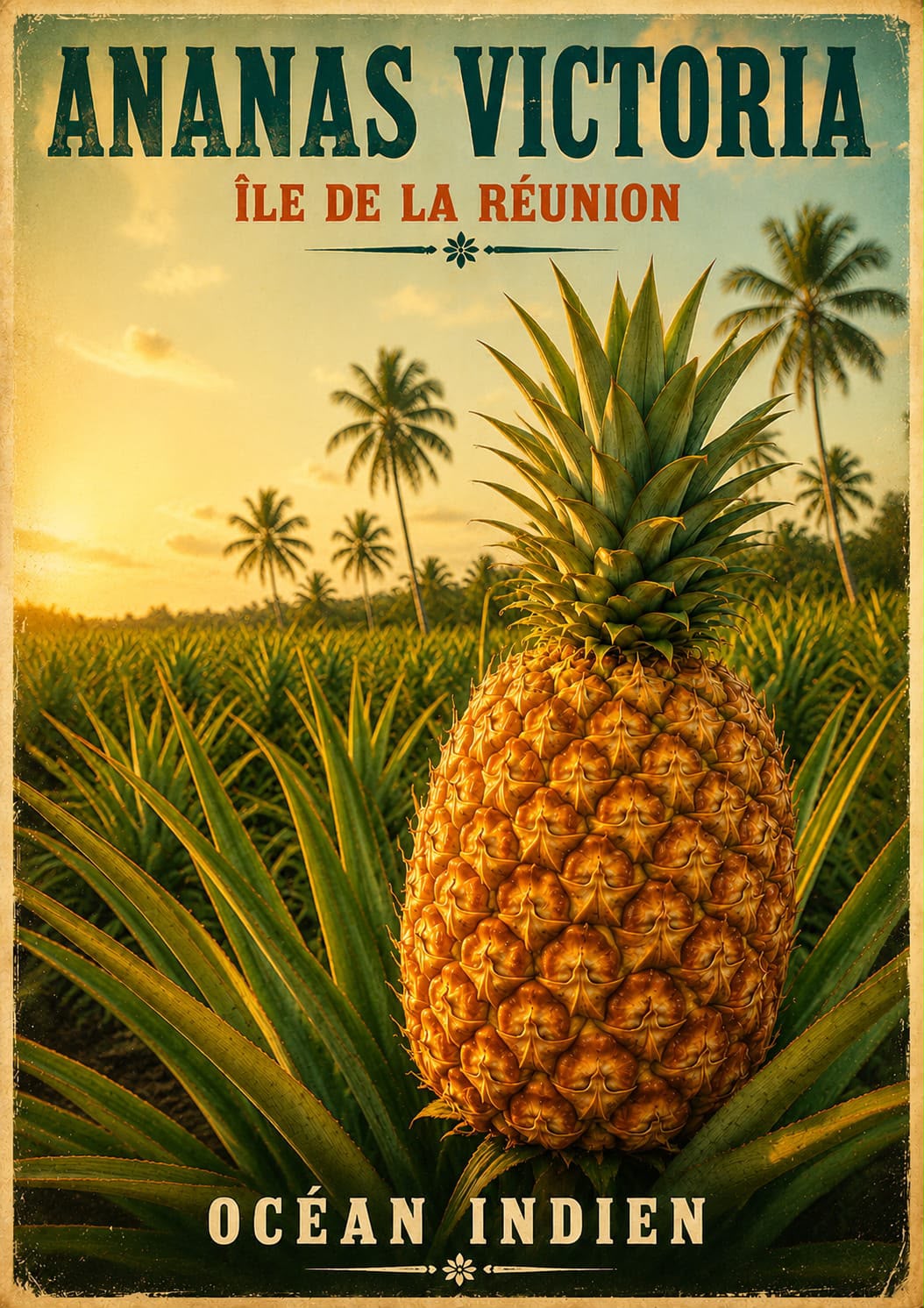 Affiche vintage ananas Victoria en plantation au coucher de soleil – Île de la Réunion, Océan Indien
