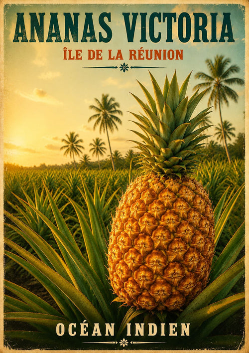 Affiche vintage ananas Victoria en plantation au coucher de soleil – Île de la Réunion, Océan Indien