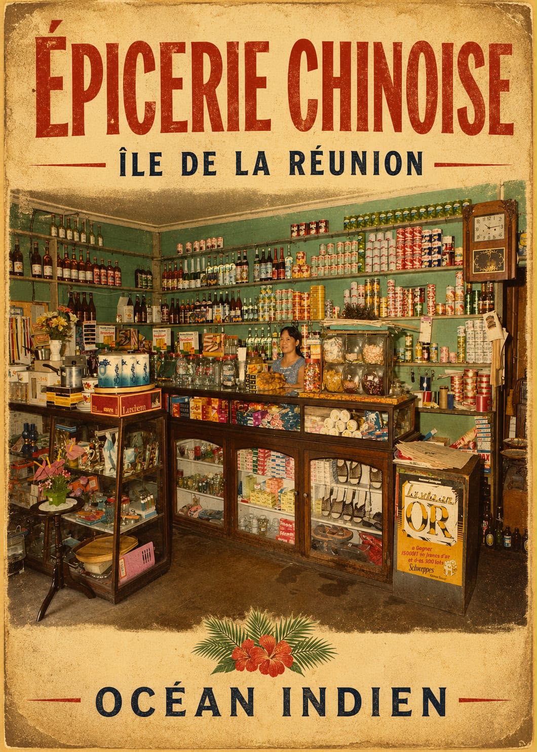 Affiche vintage intérieur épicerie chinoise lontan années 1960 comptoir bois – Île de la Réunion, Océan Indien