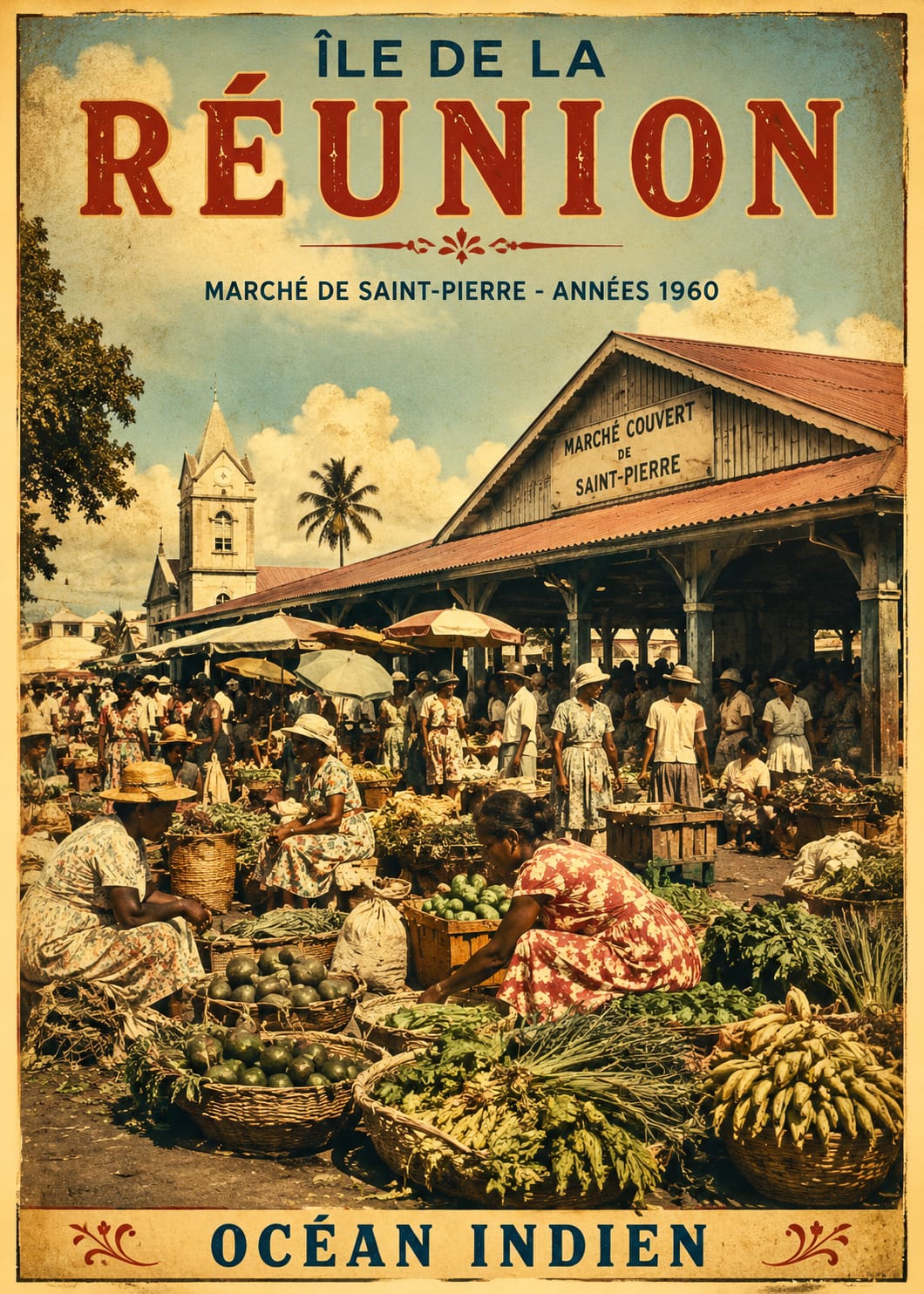 Affiche Île de la Réunion – Marché de Saint-Pierre, Années 1960