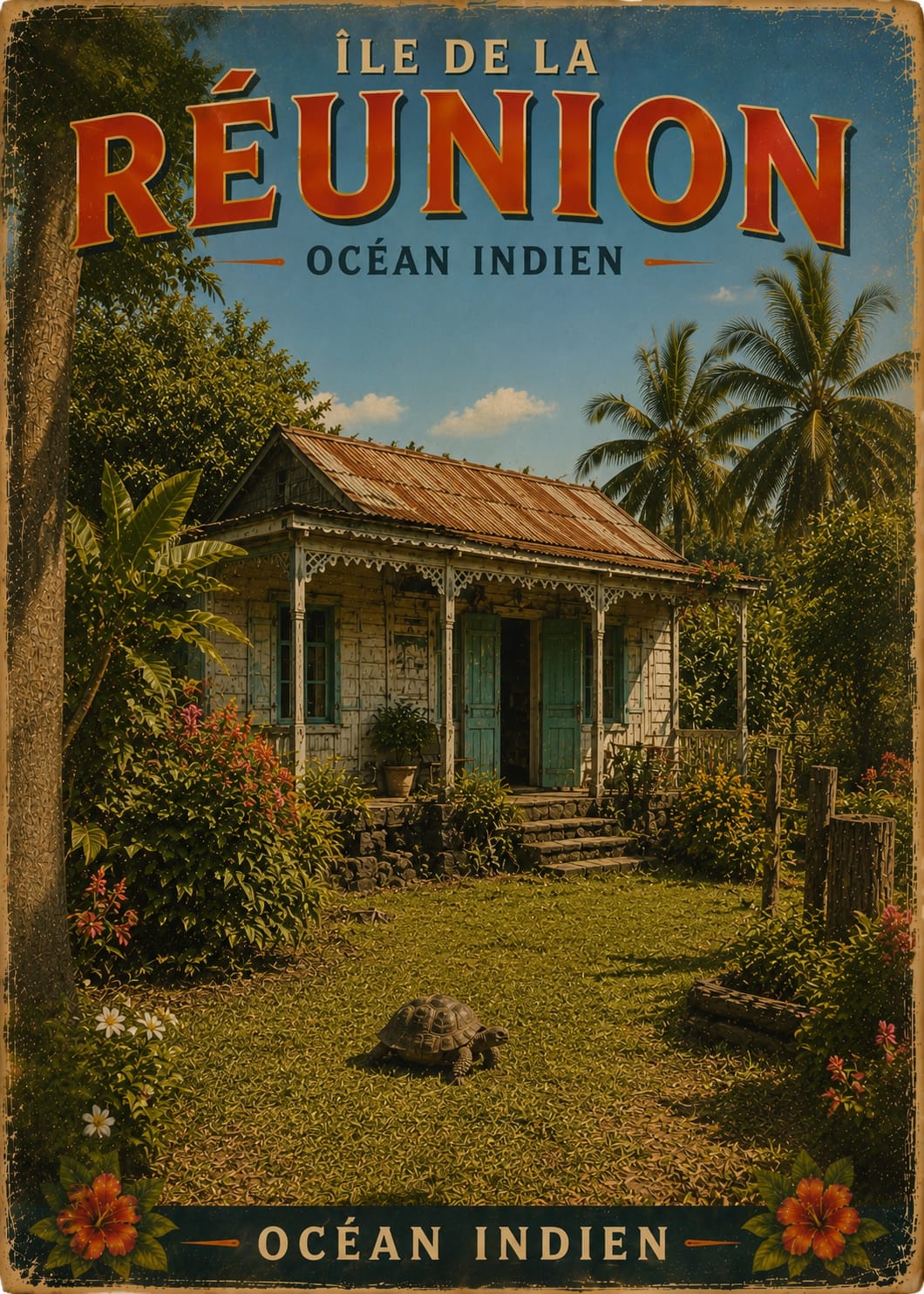 Affiche Île de la Réunion – Case Créole & Tortue