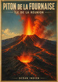 Affiche vintage Piton de la Fournaise – Éruption volcanique, Île de la Réunion, Océan Indien